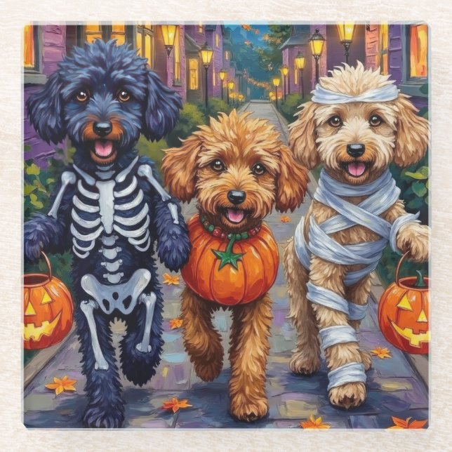 Poodle Dogs Trick-or-Treating Halloween Costumes Glass Coaster (Front)