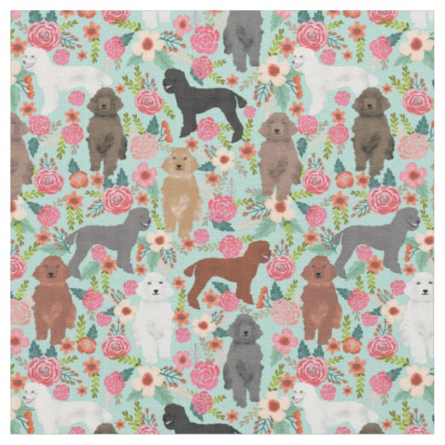 poodle dogs vintage florals mint fabric (Close Up)