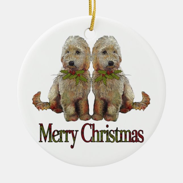 Poodle, Golden Doodle Couple Christmas: Art Ceramic Ornament (Front)