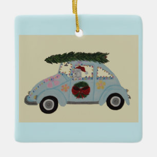 Poodle in Hippie Car at Christmas Ceramic Ornament