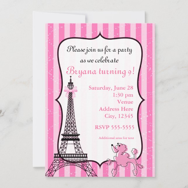 Poodle in Paris Pink Striped Eiffel Tower Chic Invitation (Front)