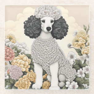 Poodle in Whimsical Flowers Glass Coaster