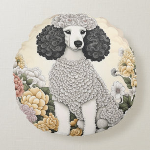 Poodle in Whimsical Flowers  Round Pillow