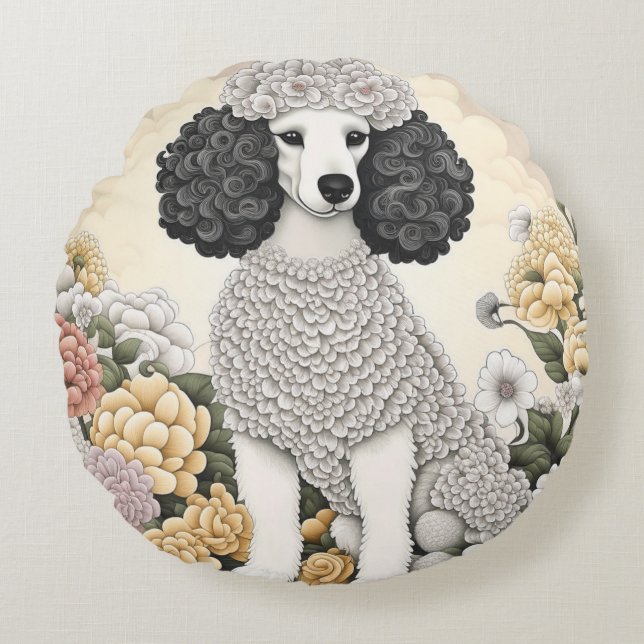 Poodle in Whimsical Flowers  Round Pillow (Front)