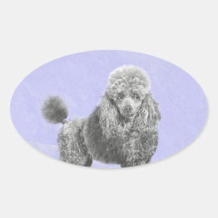 Poodle Miniature Toy Silver Grey Blue Dog Art Oval Sticker
