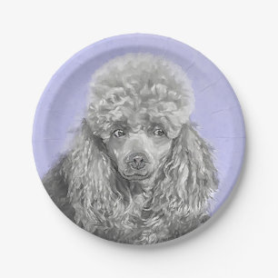 Poodle Miniature Toy Silver Grey Blue Dog Art Paper Plate