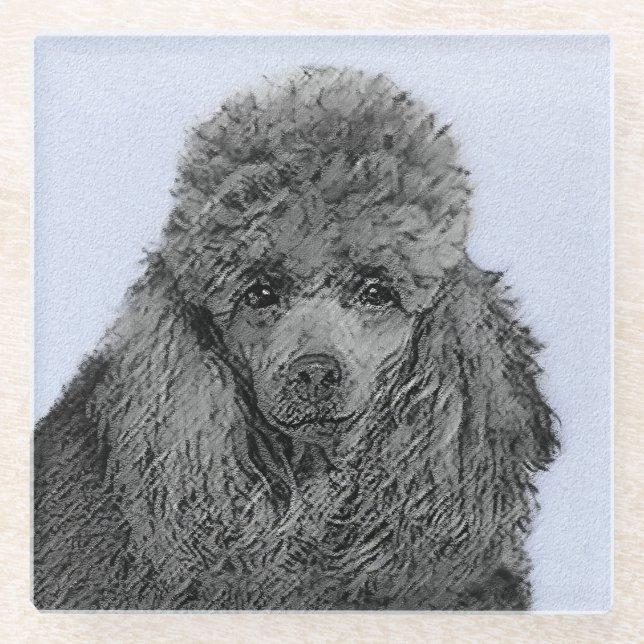 Poodle Painting Miniature Toy Black Original Art Glass Coaster (Front)