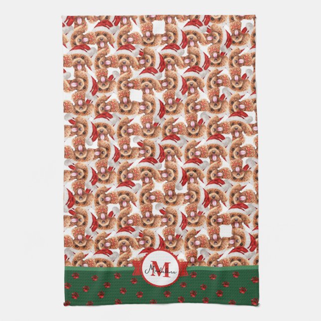Poodle Pattern Monogram Christmas Dog Kitchen Towel (Vertical)