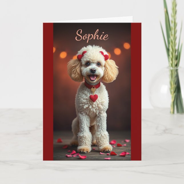 Poodle Portrait with Heart Bows Valentine's Day Card (Front)