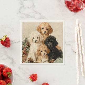 Poodle Puppies Vintage Christmas Napkin