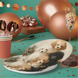 Poodle Puppies Vintage Christmas Paper Plate
