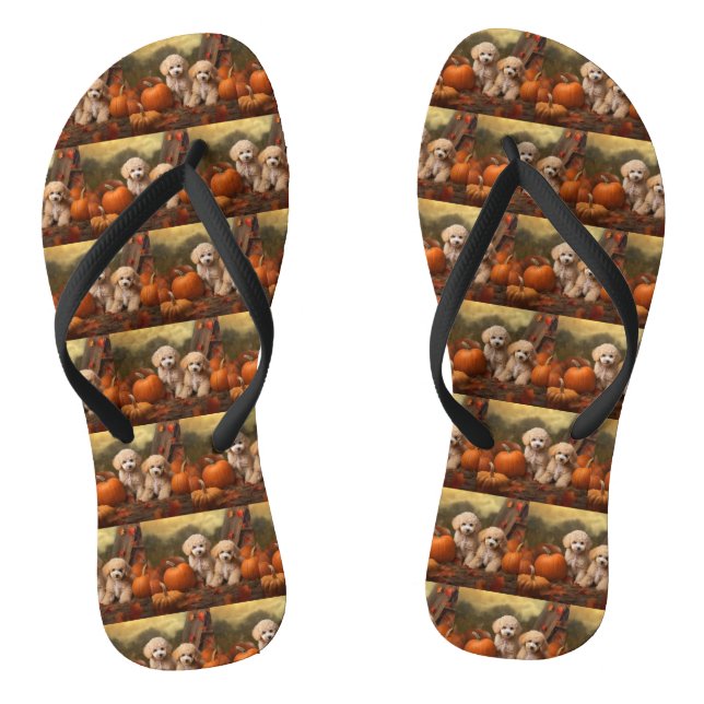 Poodle Puppy Autumn Delight Pumpkin Flip Flops (Footbed)