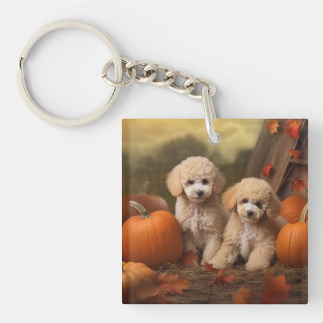 Poodle Puppy Autumn Delight Pumpkin Keychain (Front)