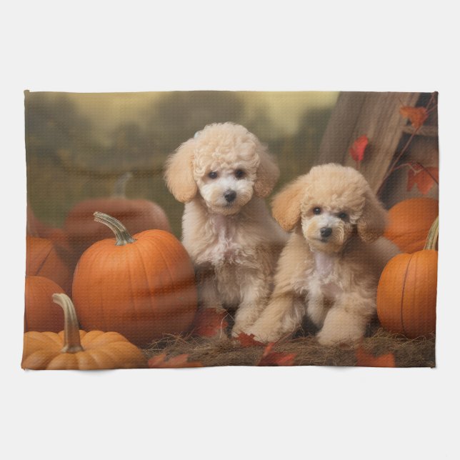 Poodle Puppy Autumn Delight Pumpkin Kitchen Towel (Horizontal)