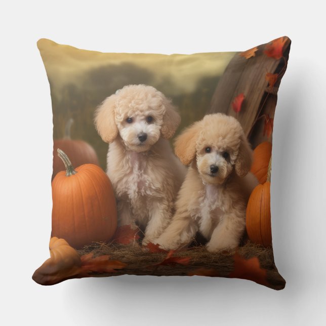 Poodle Puppy Autumn Delight Pumpkin Throw Pillow (Front)