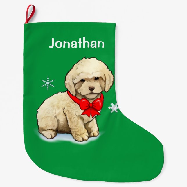 Poodle Puppy  Wearing a Christmas Bow Large Christmas Stocking (Front)