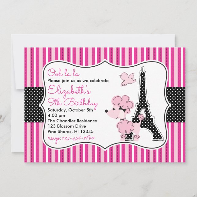 Poodle rose à Paris Invitations d'anniversaire (Devant)