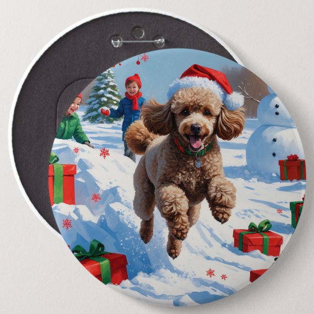 Poodle Running in Snow with Christmas Hat 6 Inch Round Button (Front & Back)