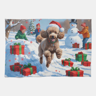 Poodle Running in Snow with Christmas Hat Kitchen Towel