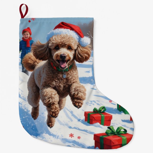 Poodle Running in Snow with Christmas Hat Large Christmas Stocking (Front)