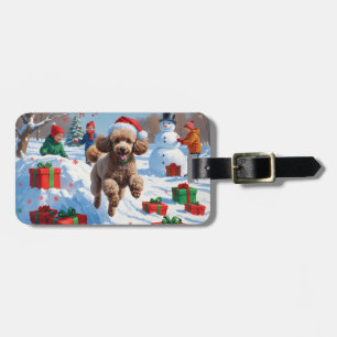 Poodle Running in Snow with Christmas Hat Luggage Tag