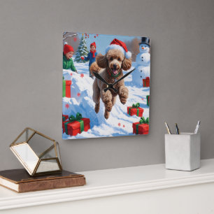 Poodle Running in Snow with Christmas Hat Square Wall Clock