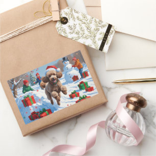 Poodle Running in Snow with Christmas Hat Sticker