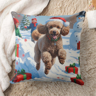 Poodle Running in Snow with Christmas Hat Throw Pillow