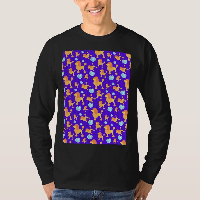 Poodle Seamless Pattern With Blue Brilliant Hearts T-Shirt (Front)