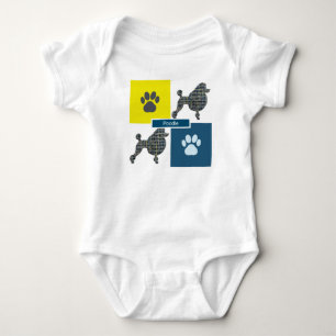 Poodle Silhouette Dog & Paw Yellow & Blue Grid Baby Bodysuit