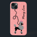 Poodle Skirt Retro Pink and Black 50s Personalized iPhone 13 Case<br><div class="desc">This cute French poodle design Galaxy phone case is derived from the classic poodle skirts of the 1950s. The pretty black poodle dog has grey pompons of fur with polka dots and a black stencil-style leash. It all rests on a vintage pink background with a light pink polka-dotted effect. Easily...</div>