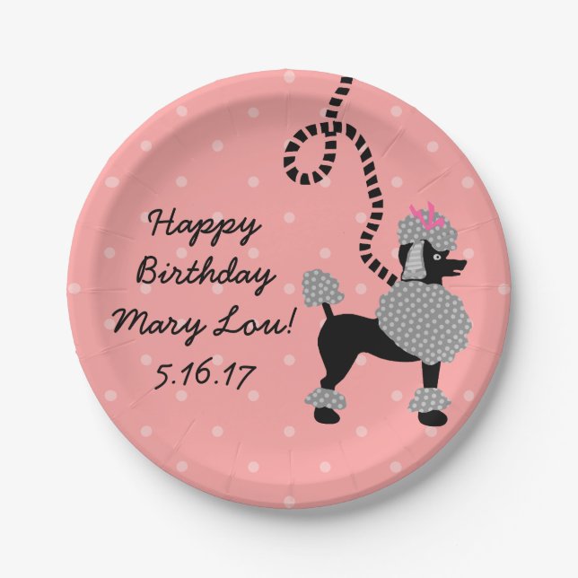 Poodle Skirt Retro Pink Black 50s Birthday Party Paper Plate (Front)