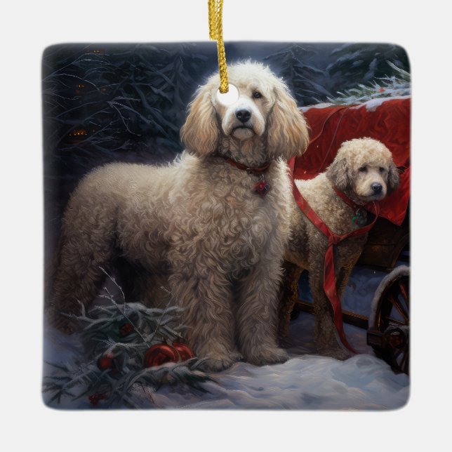 Poodle Snowy Sleigh Christmas Decor Ceramic Ornament (Front)