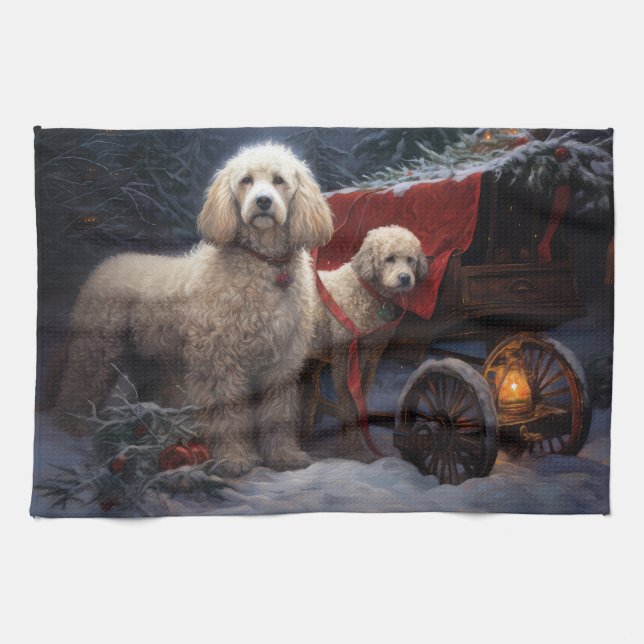 Poodle Snowy Sleigh Christmas Decor Kitchen Towel (Horizontal)