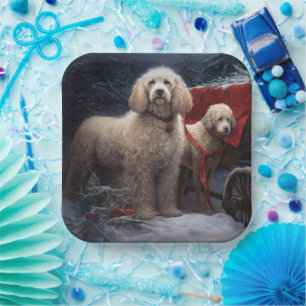 Poodle Snowy Sleigh Christmas Decor Paper Plate