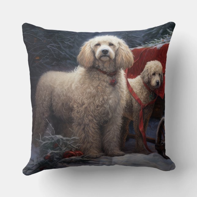 Poodle Snowy Sleigh Christmas Decor Throw Pillow (Back)