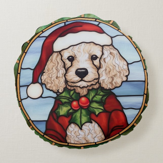 Poodle Stained Glass Christmas  Round Pillow (Back)