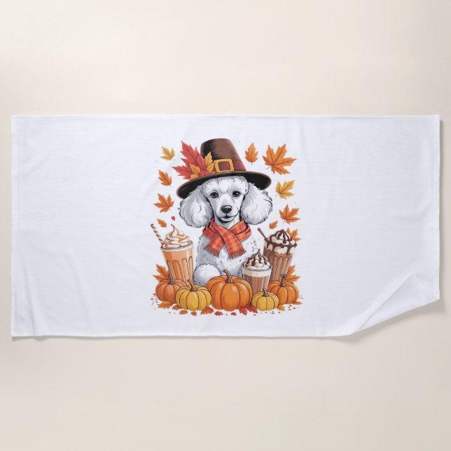Poodle Thanksgiving Drinks Coffee Fall Leaves Pump Beach Towel (Front)