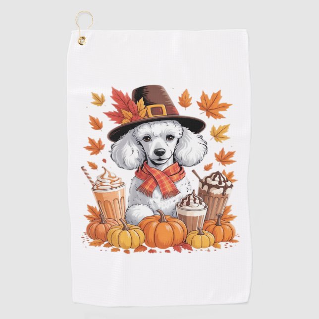 Poodle Thanksgiving Drinks Coffee Fall Leaves Pump Golf Towel (Front)