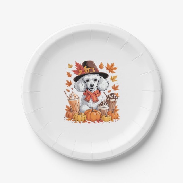 Poodle Thanksgiving Drinks Coffee Fall Leaves Pump Paper Plate (Front)