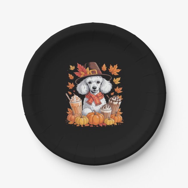 Poodle Thanksgiving Drinks Coffee Fall Leaves Pump Paper Plate (Front)