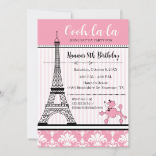 Poodle & Tour Eiffel Thème Anniversaire Invitation