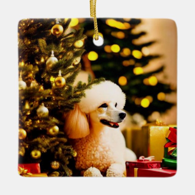Poodle Under Christmas Tree Ceramic Ornament (Front)