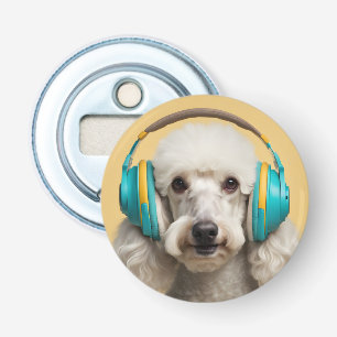 Poodle wearing headphones bottle opener
