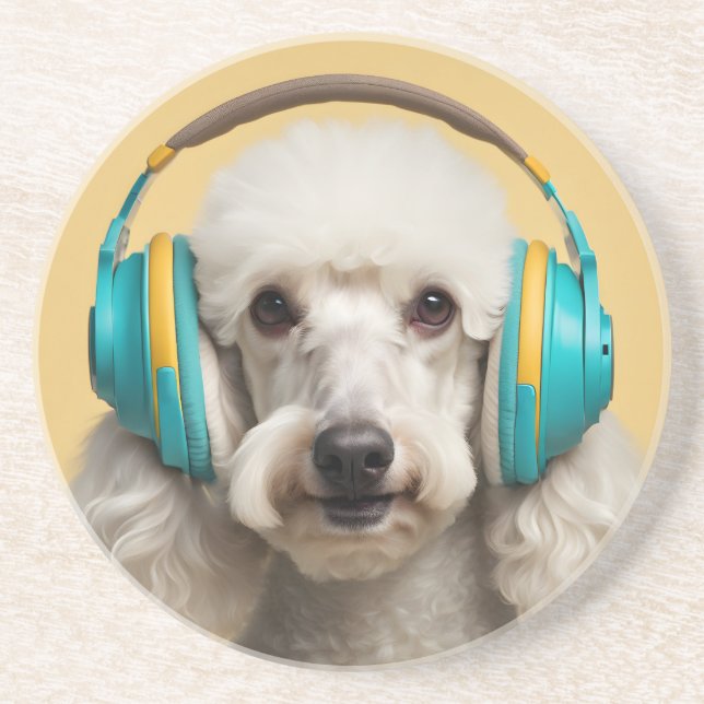 Poodle wearing headphones coaster (Front)