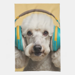 Poodle wearing headphones kitchen towel