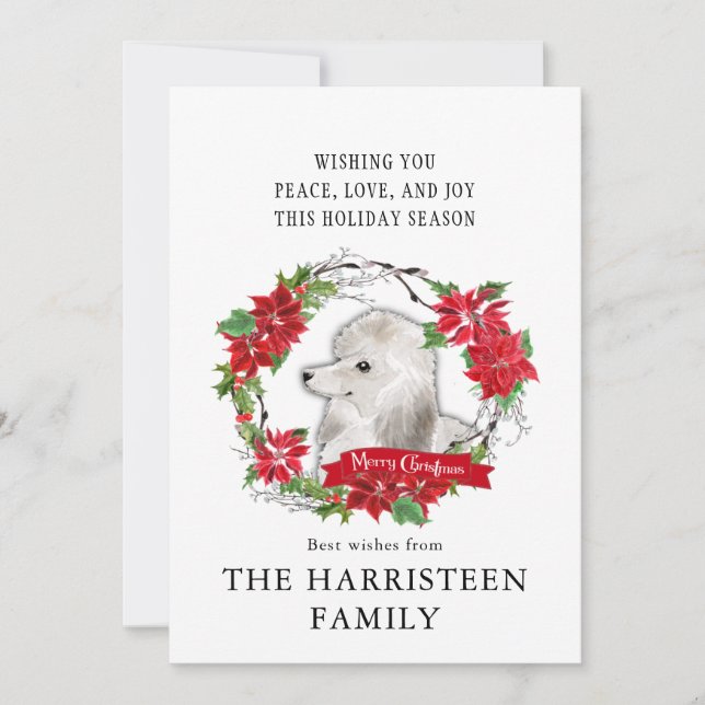 Poodle White Watercolor Poinsettia Christmas Holiday Card (Front)