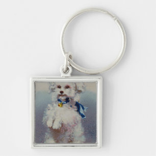 Poodle with blue ribbon keychain