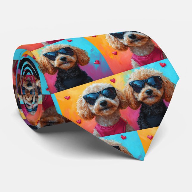 Poodle With Heart Roses Valentine's Day Tie (Rolled)
