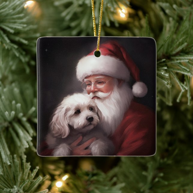 Poodle With Santa Claus Festive Christmas  Ceramic Ornament (Tree)